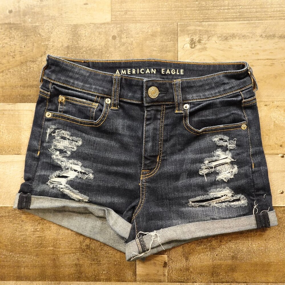 American Eagle Hi-Rise Shortie Denim Shorts Women’s 4 Dark Wash Distressed